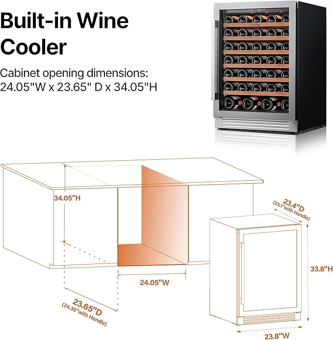 Ca'Lefort 24 Inch Wine Fridge, 61 Bottle Wine Cooler Refrigerator, 40-65°F Wine Refrigerator Glass Door, 3 LED Wine Fridge, Built-in or Freestanding Fridge for Home/Bar/Kitchen (5.65 cu.ft)
