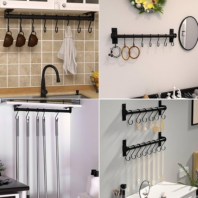 Dseap Kitchen Utensil Holder Hanger, Pot and Pan Rack Wall Mounted, Kitchen Rail with 8 Hooks for Hanging Cooking Utensils, Mugs, Spoons, Wall Mounted, Black, Pack of 2
