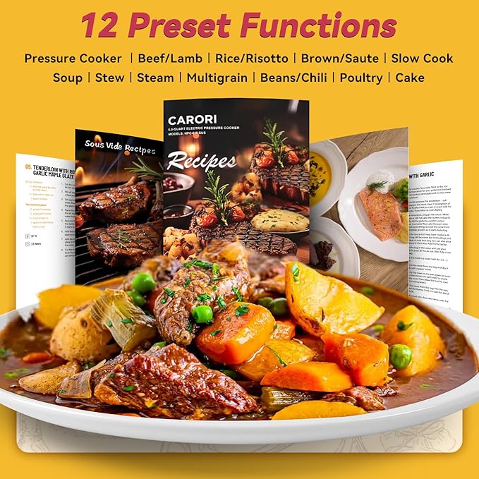 CARORI Electric Pressure Cooker 6 Quart Silver, Non-stick Pot, 9-in-1 Instant Pot, 12 Preset Functions with Touchscreen, Safe Steam Release, Stew, Slow Cook, Rice, Sauté, Warmer
