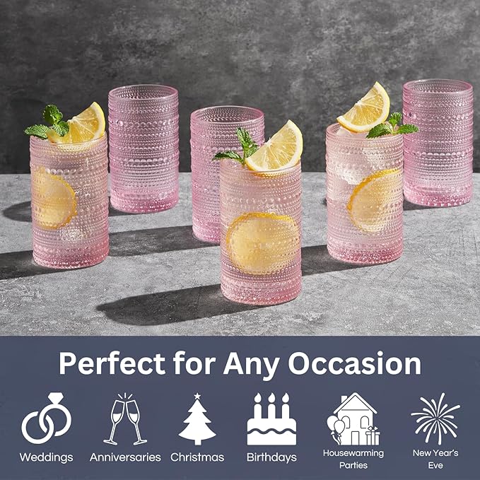 Khen Hobnail Beaded Highball Drinking Tumbler Glasses | Set of 6 | Pastel Pink, Vintage Bubble Whiskey Glassware, Embossed Cocktail, Water, Rocks Glass