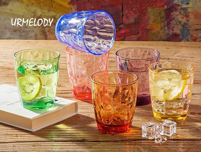 13oz Drinking Glasses Set Acrylic Glassware for Kids Colored Plastic Tumblers Cups Picnic Water Glasses Unbreakable Juice Drinkware for Camping Restaurant Beach Party BPA Free Dishwasher Safe