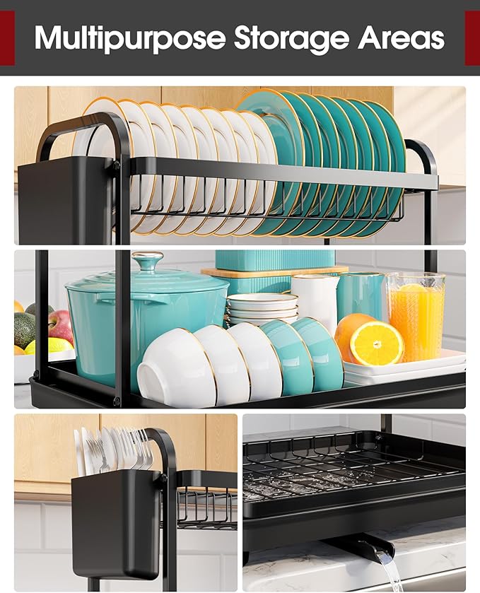 Sakugi 2-Tier Dish Drying Rack - Stainless Steel Dish Rack with Cutlery & Utensil Holders for Kitchen Counter, Sink Organization and Storage for Small Family, 15" W x 11.4" L x 15" H, Black