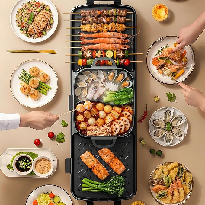 Electric Hot Pot and Grill Combo, Korean BBQ Indoor Smokeless Grill with Nonstick Surface,Large Tabletop Cooker for Family & Party, Includes Cooking Tool Set (Ladle, Strainer, Tongs, Oil Brush)