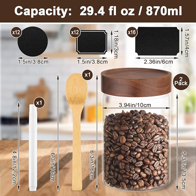 Glass Jars with Airtight Lids, 2 Pack 29oz Glass Mason Jars with Wood Lids, Wooden Screw-on Top Coffee and Sugar Containers for Pantry Storage, Tea, Cereal, Oats, Flour, Cookie, Candy