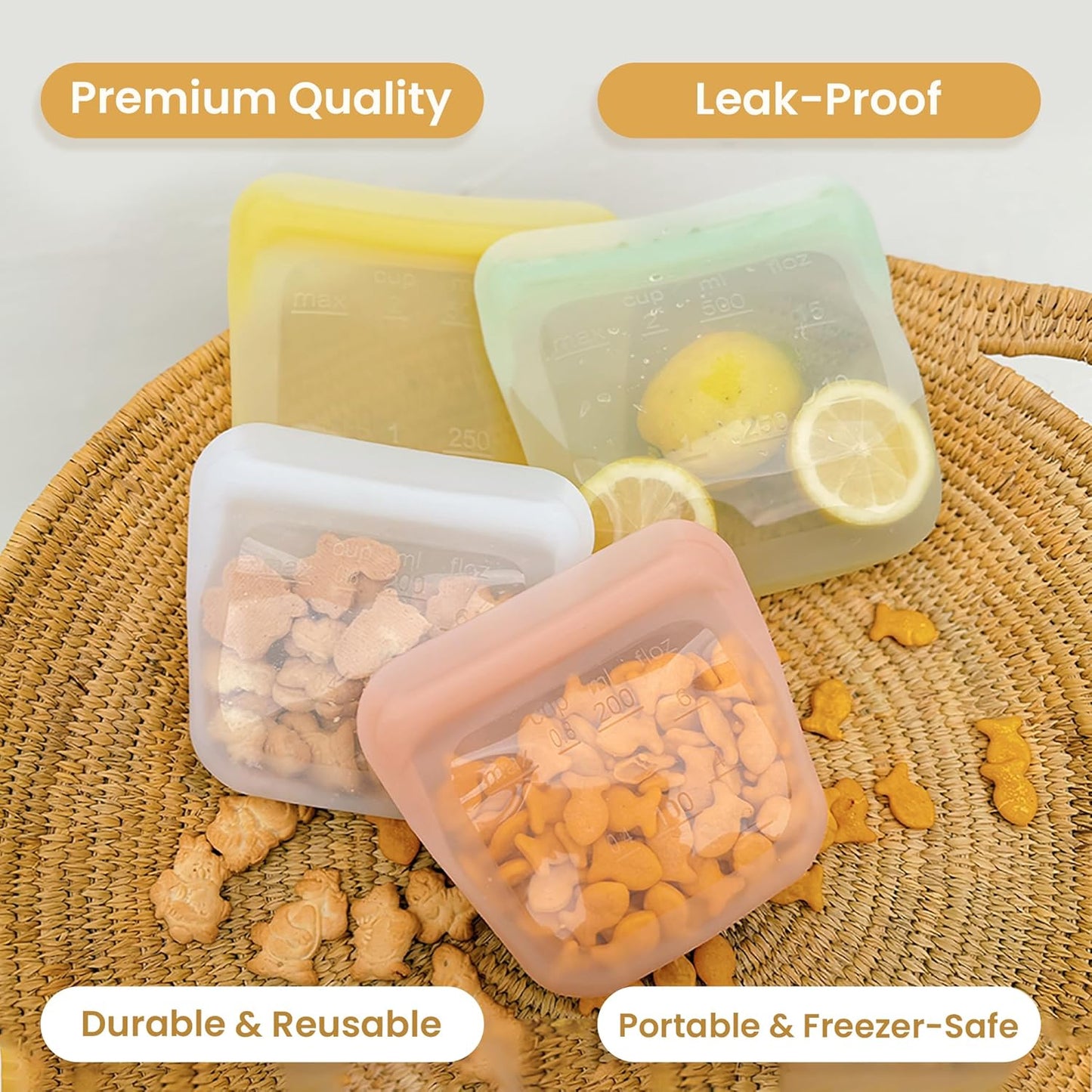 purifyou Set of 5 Reusable Silicone Storage Snack Bags 6oz / 16oz / 32oz / 64oz Self-Seal Food Storage Container for Fruits, Vegetables, Sandwiches, Dishwasher Safe & Leak-free (PastelYellow, 64oz)