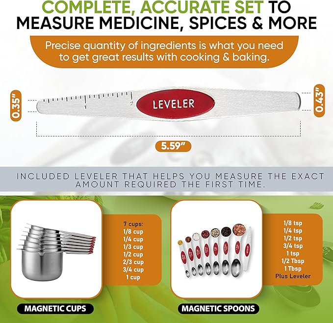 Spring Chef Magnetic Measuring Cups & Spoons Set, Patented, Strong N45 Magnets, Heavy Duty Stainless Steel Fits in Spice Jars for Baking & Cooking, BPA Free, Round Set of 15 with Leveler, Red