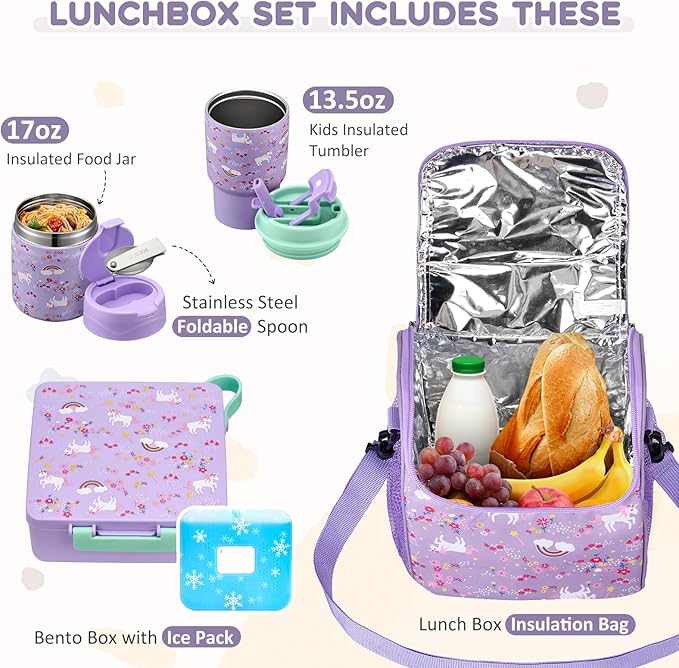 Pawtong Lunch Box Set with Bento Box Container, 17OZ Stainless Steel Food Soup Thermo, Kids Water Bottle & Portable Insulated Lunch Bag, Leakproof, Hot/Cold Retention for School, Travel (Purple-Horse)