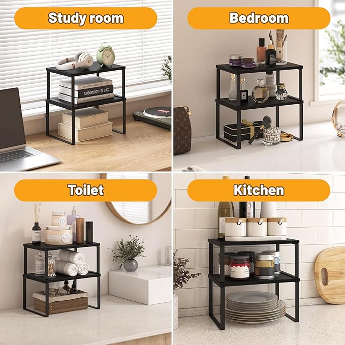 Kitchen Cabinet Organizer Shelf Set of 4, Sturdy Kitchen Counter Shelves with Metal Legs, Stackable Expandable Wood Spice Rack Pantry Cupboard Dish Mug Cup Storage Organizer Shelf, Black