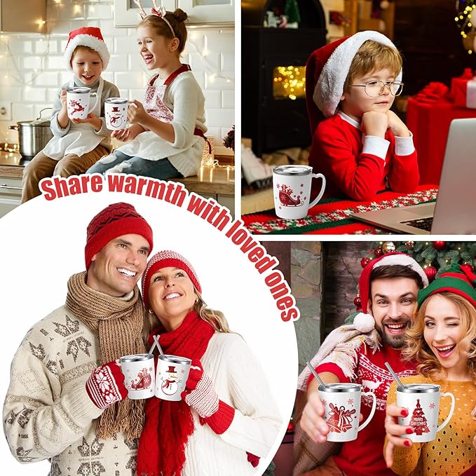6 Pcs Christmas Coffee Mugs Cups 16 Oz Merry Christmas Stainless Steel Insulated Tumblers Set with Handle Lid Straw Brushes Xmas Red White Snowman Hohoho Mugs Gifts for Winter Holiday Party