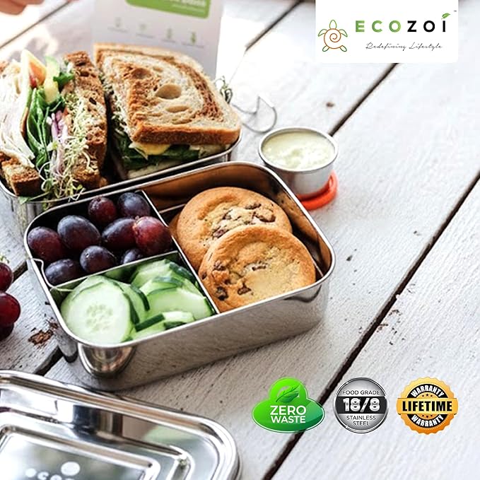 ecozoi Stainless Steel Lunch Box – 2 Tier Bento Box with Bonus Pod & 3 Compartments – Leak Proof Stainless Steel Lunch Box – Plastic Free, Eco Friendly, Dishwasher Safe, 60 oz