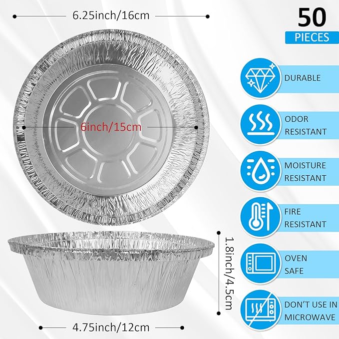 Mini Pie Tins 6 Inch 50Pcs Disposable - Aluminum Pie Pan for Baking Tarts, Cakes, and Quiche, Ideal Mini Pie Pans for Parties and Weddings(50, 6 Inch)