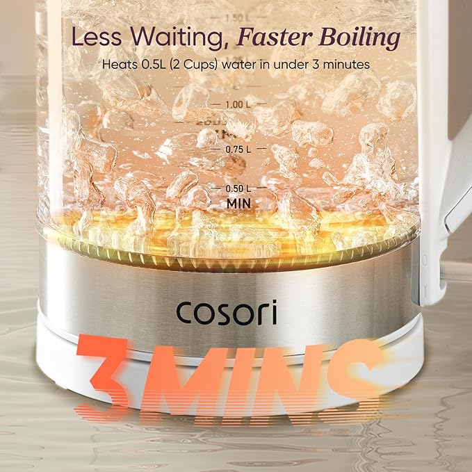Cosori Electric Kettle, No Plastic Contact With Water, Wide Mouth For Easy Cleaning, Auto Shut Off, 1.7L Tea Kettle & Hot Water Boiler, Water Heater & Teapot, Borosilicate Glass, White, 1500W
