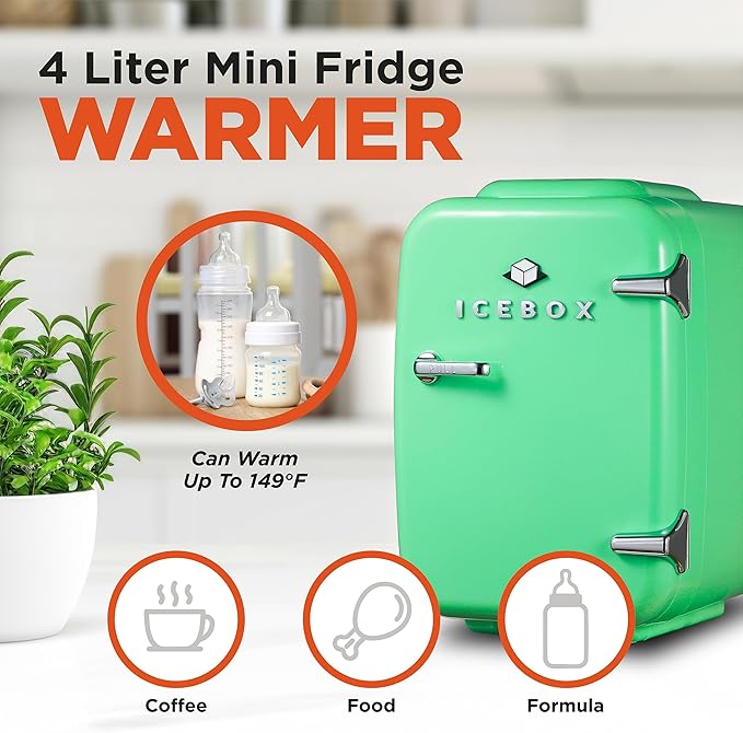 ICEBOX IBMF4MNT Mini Fridge For Bedroom, Skincare Refrigerator, Portable Cooler & Warmer for Makeup, for Office & Home, Mini (4 L / 6-Can), Mint Green