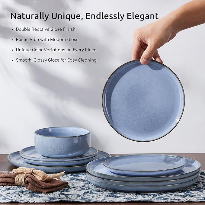 E-far 6-Piece Reactive Glaze Dinnerware Sets, Ceramic Dishes Set for 2, Stoneware Plates and Bowls Dinning Ware, Microwave & Dishwasher Safe - Ocean Blue