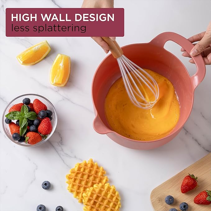 COOK WITH COLOR Nesting Plastic Mixing Bowl Set with Pour Spouts and Handles, Rose, 6 Piece Non-Slip