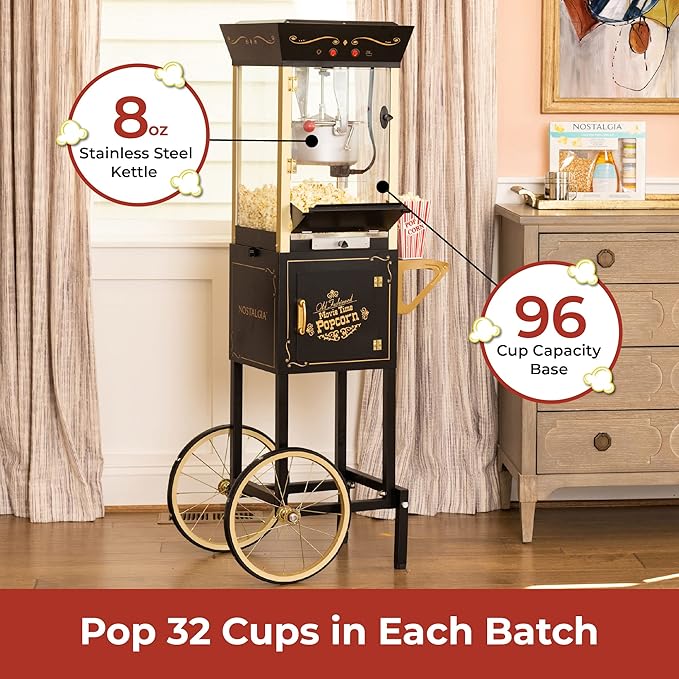 Nostalgia Popcorn Maker Machine - Professional Cart With 8 Oz Kettle Makes Up to 32 Cups - Vintage Popcorn Machine Movie Theater Style - Black