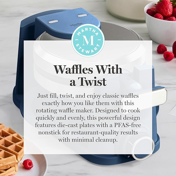Martha Stewart Rotating Waffle Maker, 180° Flip Iron with PFAS-Free Nonstick Plates, Adjustable Timer, Ready Light, Drip Tray, Space Saving, Classic Round 7”, Easy to Clean, Stainless Steel, Indigo