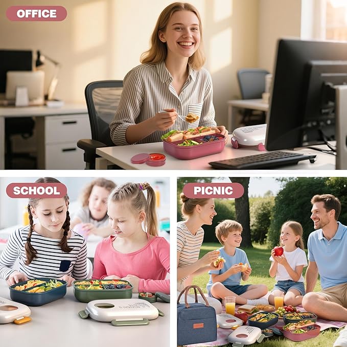 Lunch Bento Box Set - 3 Compartment Containers for Kids and Adults,lunch box for women with Thermo Lunch Bag, Leak-Proof and BPA-Free - Built-in Utensil Set,Sauce - Dishwasher Safe-Claret