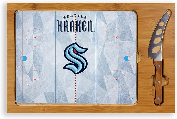 PICNIC TIME NHL Seattle Kraken Hockey Rink Icon Glass Top Cutting Board & Knife Set, Cheese Boards Charcuterie Boards, Serving Platter, (Parawood & Bamboo)