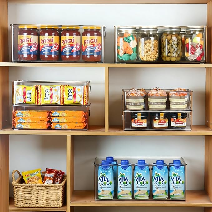 Hudgan 8 Pack Pantry Organizer and Storage, 2 Extra Large Stackable Freezer Organizer Bin, 3 Large Clear Storage Bin and 3 Medium Plastic Container for Home Edit, Kitchen Cabinet, Bathroom Shelf