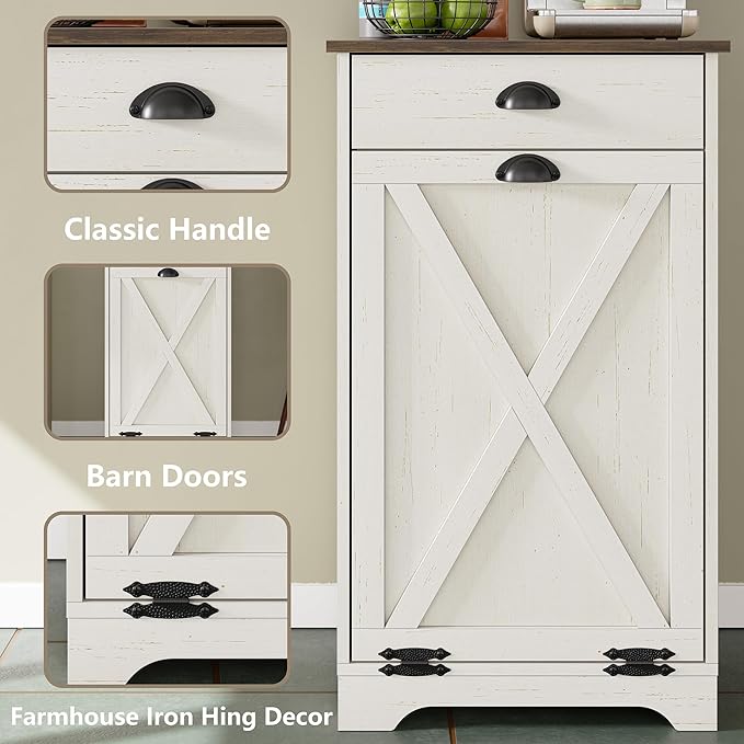 Furniouse Single Tilt Out Trash Can Cabinet with Drawer, 10 Gallon Wood Garbage Cabinet for Kitchen, Antique White