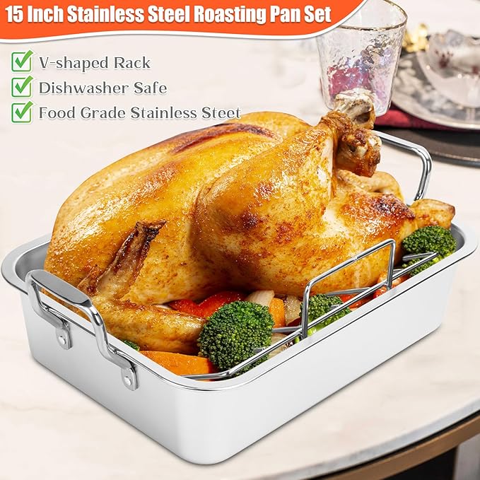 Nonstick Roasting Pan, 15 Inch Stainless Steel Turkey Pan with V-Shaped Rack &Cooling Rack - Rectangular Roaster for Turkey, Chicken, Vegetables,Healthy & Dishwasher Safe - Fits 20lb Turkey