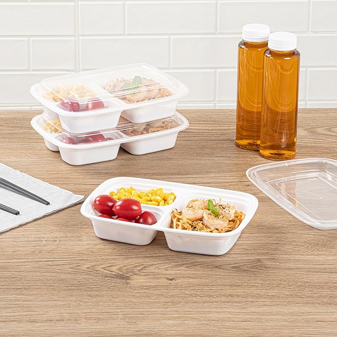 Asporto 26 Ounce Compartment Take Out Boxes, 50 Microwavable Meal Prep Containers - 3 Compartments, With Clear Plastic Lids, White Plastic Food Containers, Do Not Contain BPA - Restaurantware