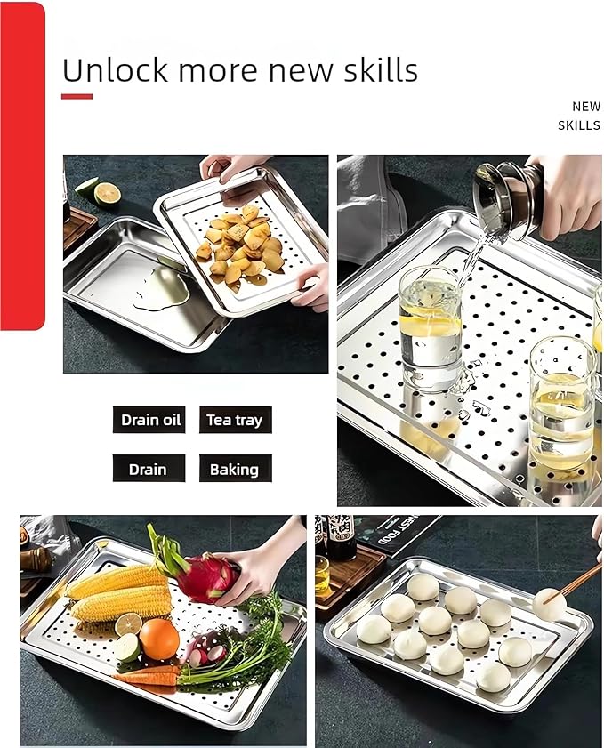 2-Pack 23.5"x15.5" Extra Large Heavy Duty Commercial Grade 304 Stainless Steel Baking Pan Set, Non-Toxic Deep Sheet Pan, 1 Solid & 1 Perforated Pans for Roasting, Defrosting, Draining, Cooling