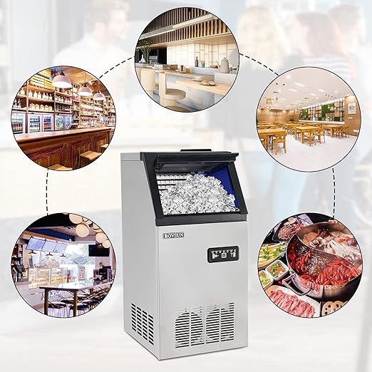 ROVSUN Commercial Ice Maker 110lbs/24h Automatic Built-in Stainless Steel Under Counter/Portable Freestanding for Restaurant Bar with 24lbs Storage, Connection Hoses & Ice Scoop