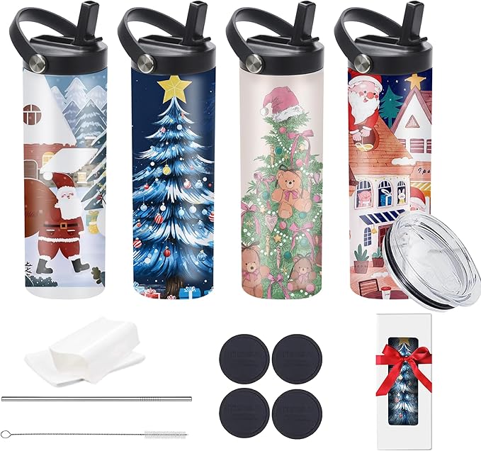 4 Pack 20oz Sublimation Tumblers, Flat Edge Sublimation Tumbler, Skinny Straight Sublimation Tumbler with 2 lids,SS straws,Brush and Individual Box (4, 20OZ HANDLE A)