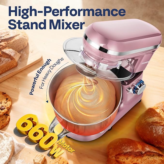 VIVOHOME Stand Mixer, 660W 10 Speed 6 Quart Tilt-Head Kitchen Electric Food Mixer with Beater, Dough Hook, Wire Whip and Egg Separator, Pink
