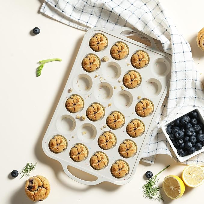 Socisen 24 Cups Silicone Muffin Pan with Metal Reinforced Frame Mini Size Cupcake Pan Tray Egg Bites Silicone Circle Cookie Molds Muffin Tin Tart Pans Non Stick Toxic Oven Safe Baking Sheet Set