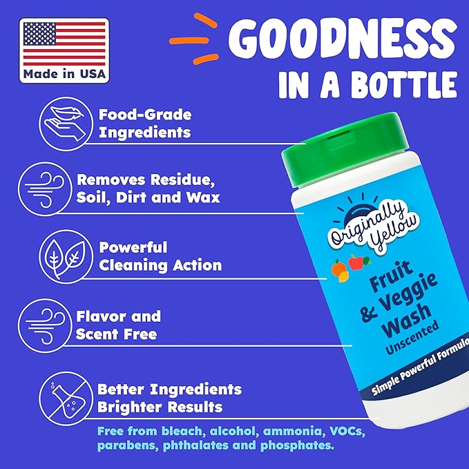 Originally Yellow USA Made Fruit And Vegetable Wash | Food-Grade Fruit and Veggie Wash With No Aftertaste | Powerful Cleaning & Safe Ingredients | Plant-Derived Produce Cleaner & fruit washer | 2 lb