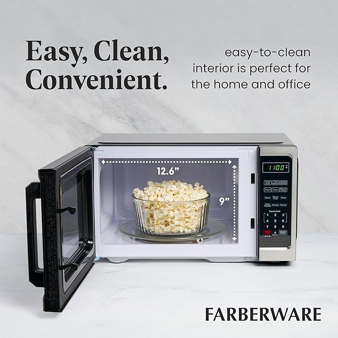 Farberware 0.9 Cu. Ft. Countertop Microwave Oven – 900 Watts Power, Auto Cook Settings, Defrost, Easy Clean and Child Safety Lock - Stainless