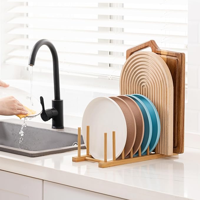 HBlife Heighten and Widen Bamboo Dish Drying Rack Plate Bowl Cup Book Pot Lid Cutting Board Stand Drainer Storage Holder Organizer for Kitchen Cabinet