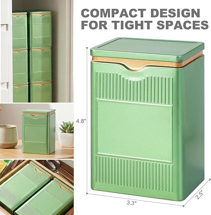 Tea Tin, Premium Tight Sealing Metal Canister with Press On Lid, Storage Tin for Loose Leaf, Tea Bags, Coffee Beans & Spices, Ideal for Kitchen Countertop & Pantry, Green Square Tinplate Can