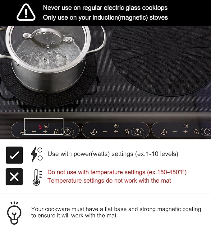 Lazy K Induction Cooktop Mat - Silicone Fiberglass Scratch Protector - for Magnetic Stove - Non Slip Pads to Prevent Pots from Sliding During Cooking_ Black (7.8inches)