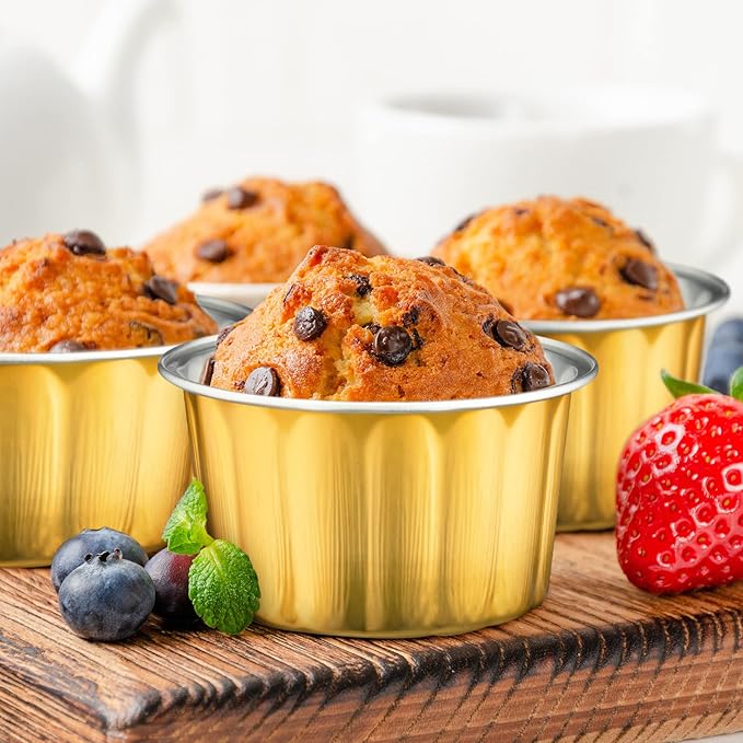 Tessco for you 100 Pcs Disposable Ramekins with Lids 8 oz Creme Brulee Ramekin Aluminum Foil Cup Cupcake Liner Baking Valentines Disposable Muffin Tin Pan Cheesecake Container (Yellow,Silver)