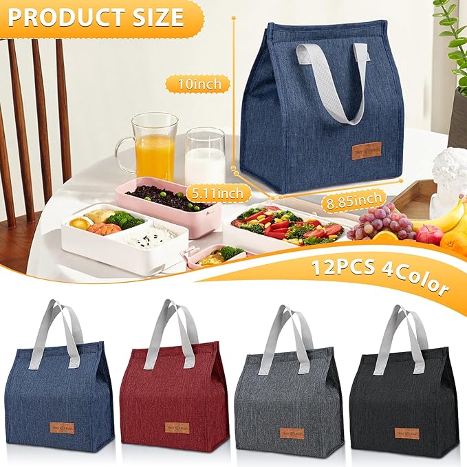 VZZNN 12 Pack Lunch Bags Bulk,Insulated Reusable Lunch Bags with Aluminum for Women Men,Leakproof Tote Large Lunch Box for Office,Work,Beach or Travel,Black