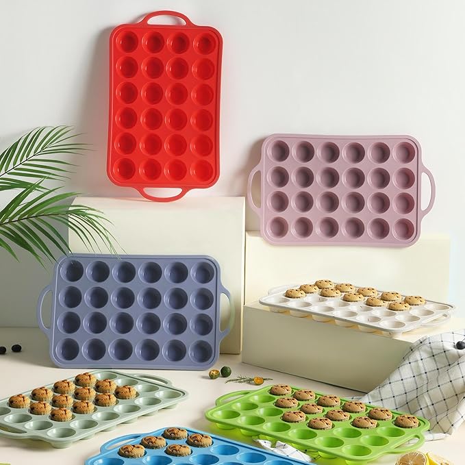 Socisen 2 Packs 24 Cups Silicone Muffin Pan with Metal Reinforced Frame Mini Size Cupcake Pan Tray Egg Bites Cookie Molds Muffin Tin Tart Pans chocoflan mold Baking Sheet Set Breakfast Sandwiches