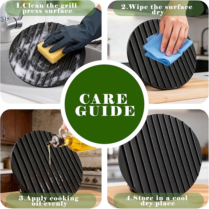 2 Pack 2.2lb Heavy Duty Cast Iron Grill Press, 6.69 inch Smash Burger Press Meat Steak with Wood Handle for Blackstone, Chef, Camp, Panini, Vegetable, Bacon, Sandwich, BBQ, Grid-patterned grill