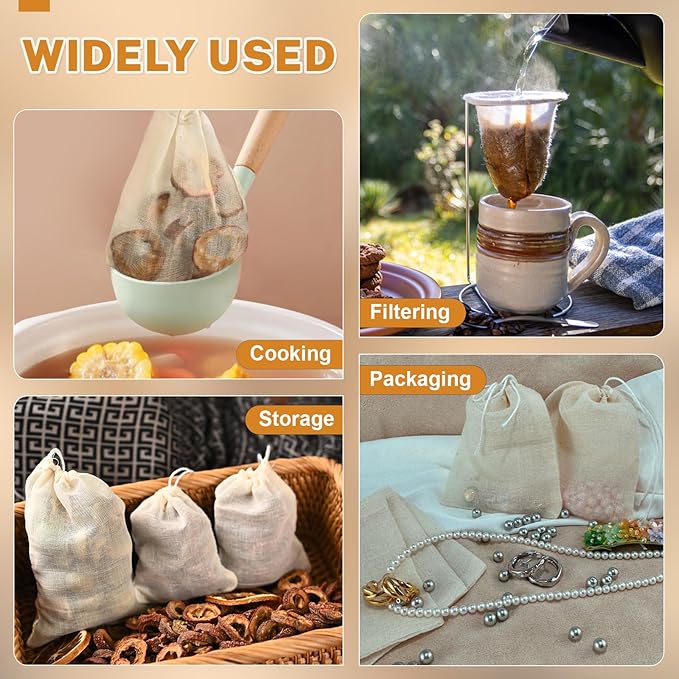 20 Pcs Muslin Bags with Drawstring, Reusable Tea Bags, Spice Bags for Cooking Soup/Herb/Loose Leaf Tea, Natural Cotton Small Cheese Cloth Bag for Straining, Sachet Bags Empty, 4 X 3 Inches