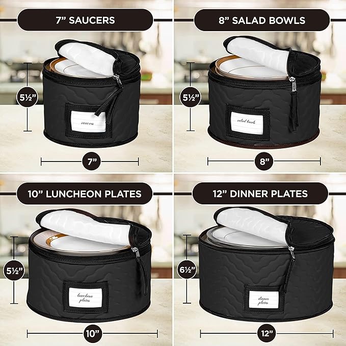 China Storage Containers 5-Piece Set Moving Boxes for Dinnerware, Glasses, Plates, Mugs and Saucers Sturdy Quilted Microfiber Dish Organizer with Dividers for Seasonal Storage - Holds Set of 12, Black