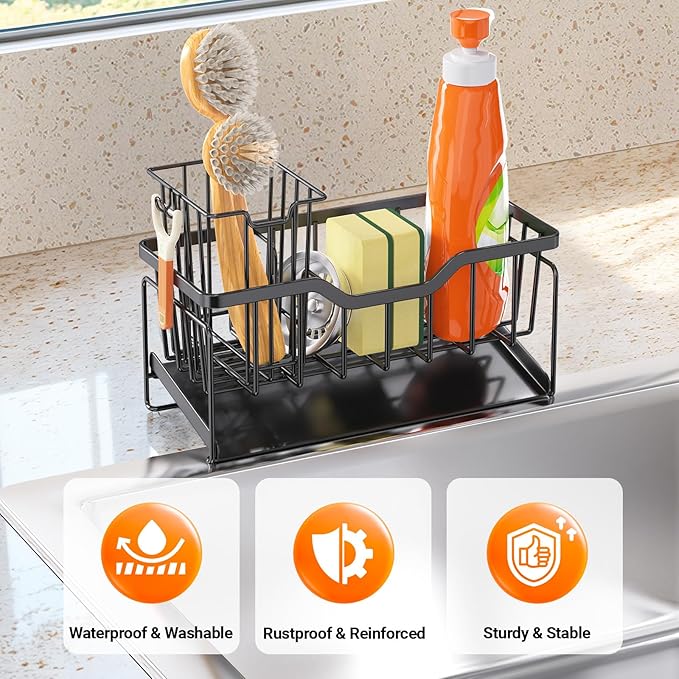 StorageRight Kitchen Sink Caddy Organizer, Rustproof Sponge Holder for Kitchen Sink, Instant Dry High Brush Holders with Drain Tray, Anti-Slip Storage Organization Essentials, Black