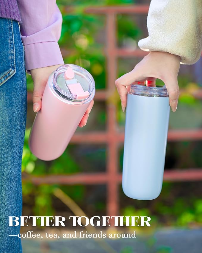 16 oz Insulated Coffee Tumblers, Travel Coffee Tumblers with Straw, Double-Wall Stainless Steel Tumbler, Leak Proof Tumbler, Reusable Cups with Lids for lced and Hot Drinks (Pink)
