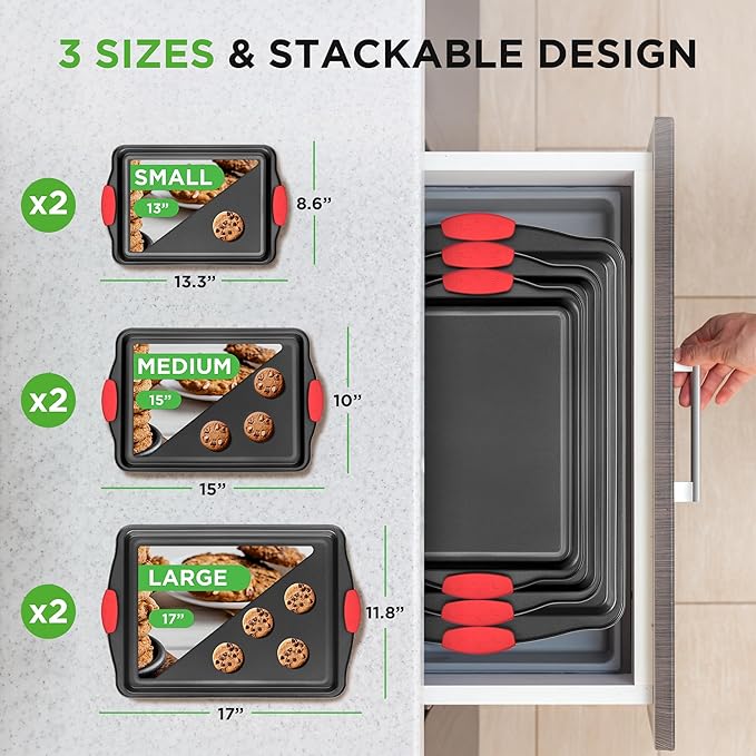 NutriChef Nonstick Baking Pans Set – Premium Cookie Sheets for Baking, Carbon Steel Stackable Baking Trays with Red Silicone Handles, Oven Safe Pans for Cookies, and Cakes, Dishwasher Safe (6 Pack)