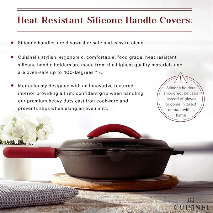 Cuisinel 12" + 10" + 8"-Inch Cast Iron Skillets Set with Braiser Lids + Silicone Handle Grips + Pan Scraper - Indoor/Outdoor Pre-Seasoned Kitchen Cookware - Oven, Fire, Stove Safe