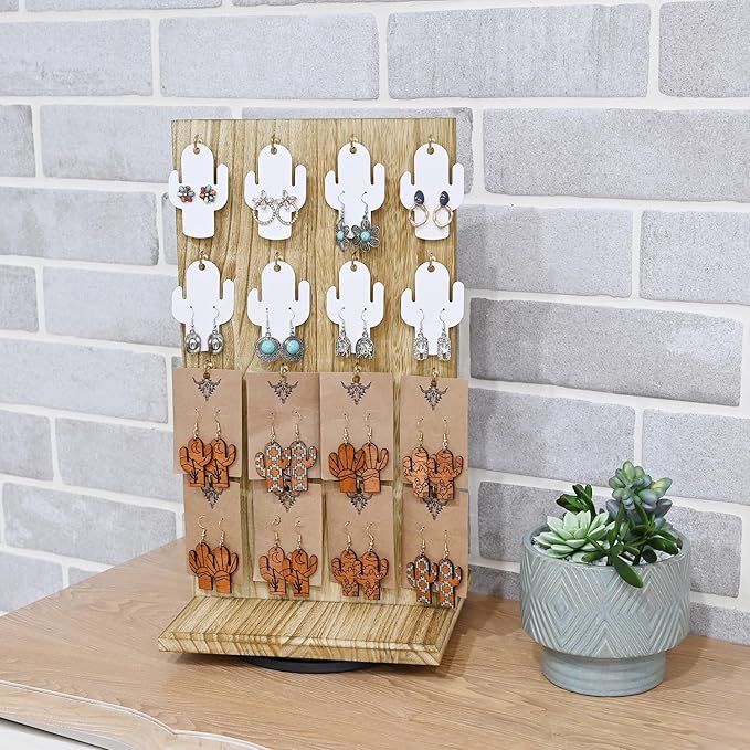 Ikee Design Wooden Rotating Two-Sided Jewelry Display Stand, Rotating Organizer with 32 Hooks for Store, Earring Keychain Display with Hooks, Oak color, 9 W x 7.5 D x 16.5 H in