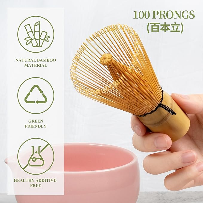 YIBO Matcha Whisk Set Pink, Handcrafted Bamboo Chasen & Ceramic Bowl Matcha Kit, Holder, Stainless Steel Sifter, Scoop Measuring Spoon & Cup Tools for Matcha Tea Ceremony