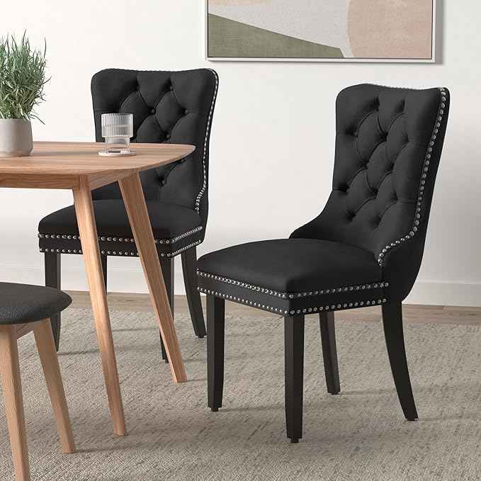 Black Dining Chairs Set of 2,Upholstered Velvet Dining Room Chairs with Back Ring Pull Trim and Solid Wood Legs,Modern Dining Chairs Perfect for Dining Room, Kitchen(Black)